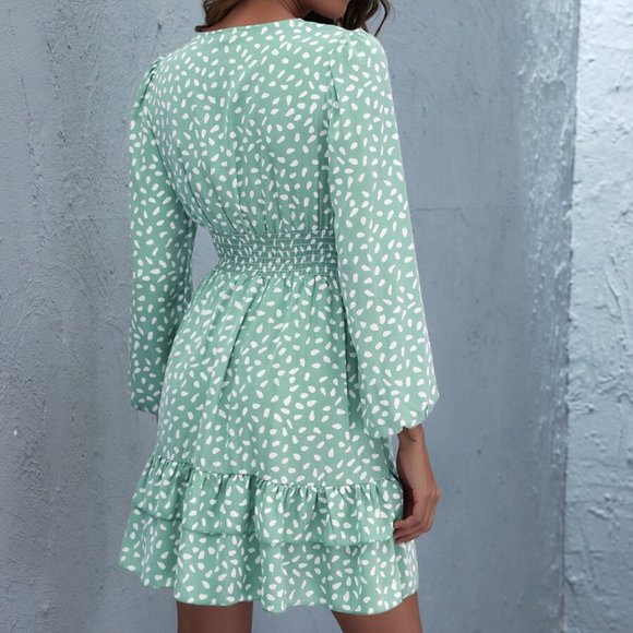 allover print surplice front layered hem dress